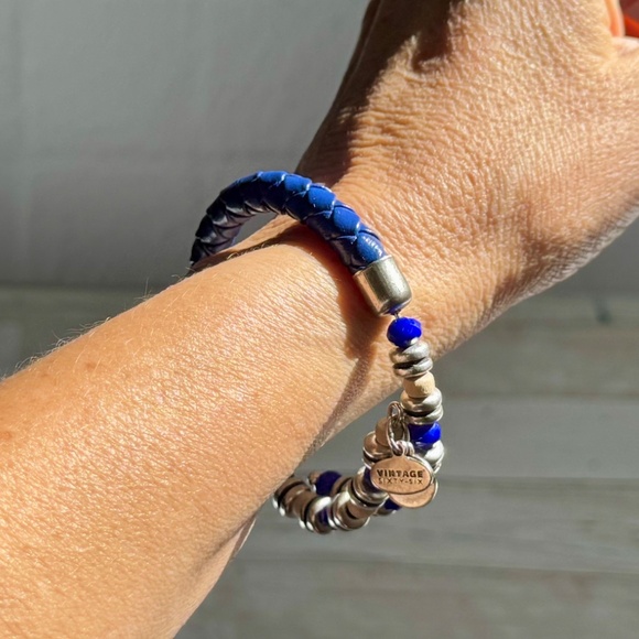 Alex and Ani Leather and Beaded Wrap Bracelet in Blue and Silver - Picture 1 of 9